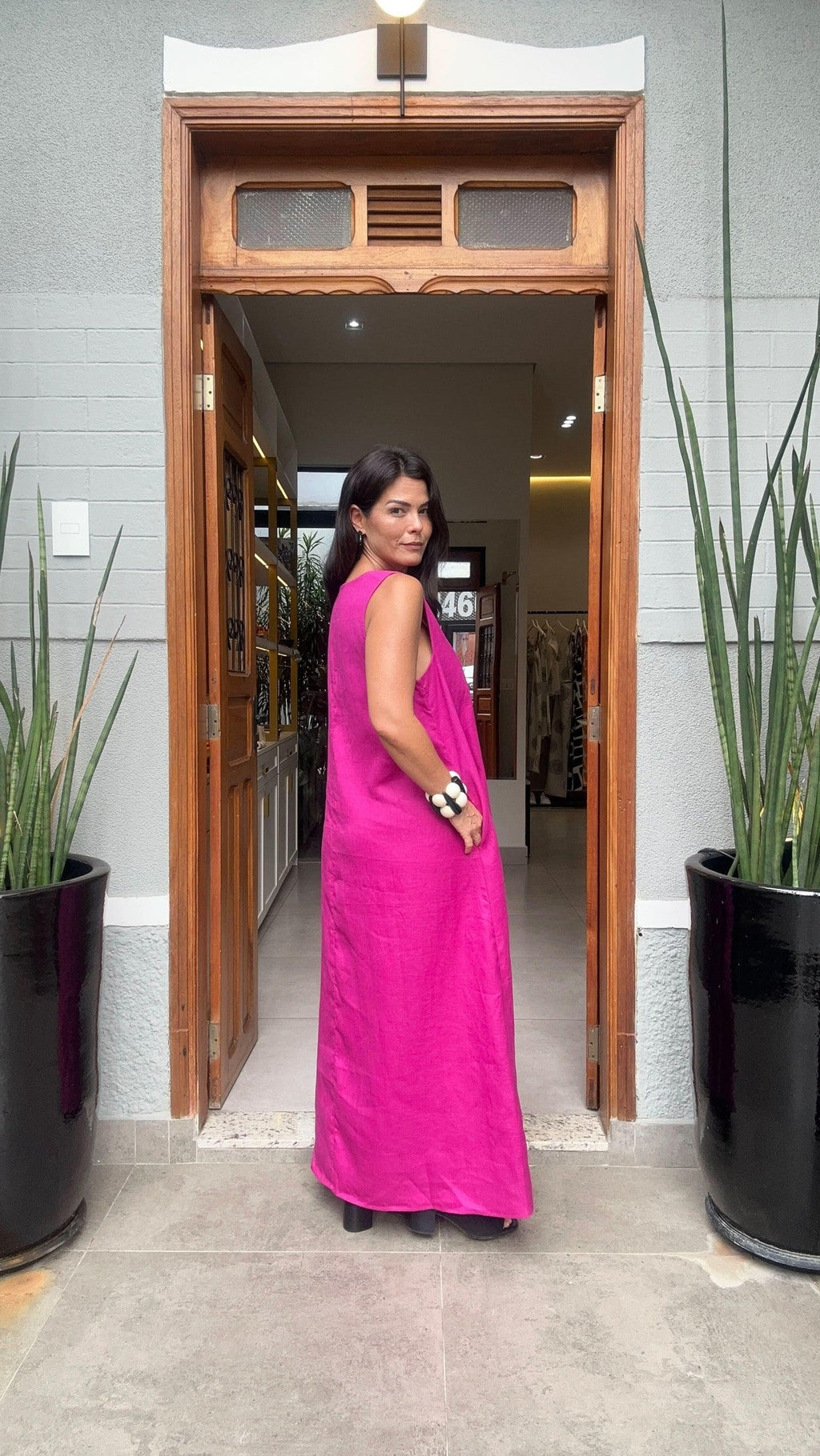 Leinen-Faltenkleid Fuchsia – Look elegant
