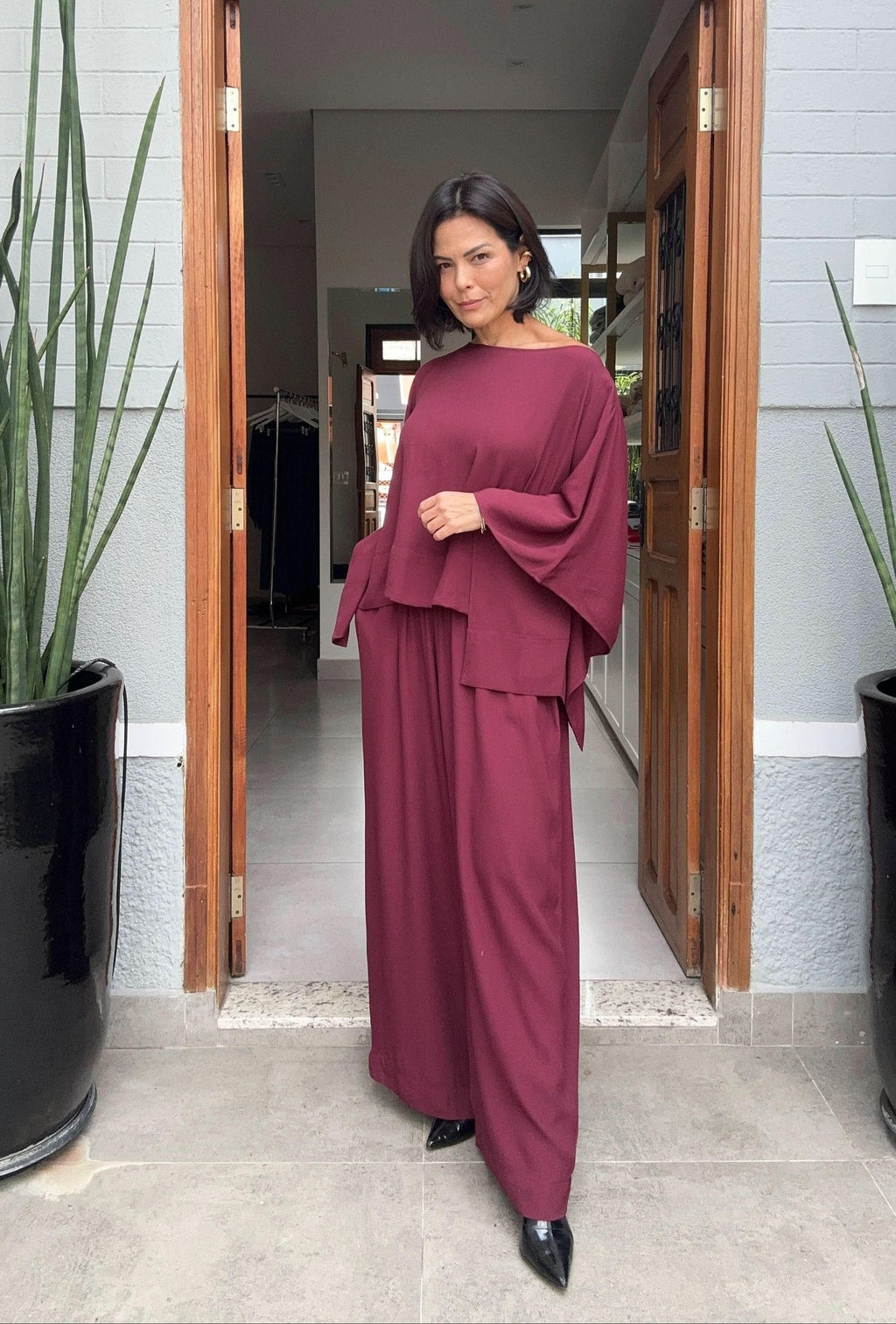Kimono-Ensemble Viskose – Bordeaux, außen