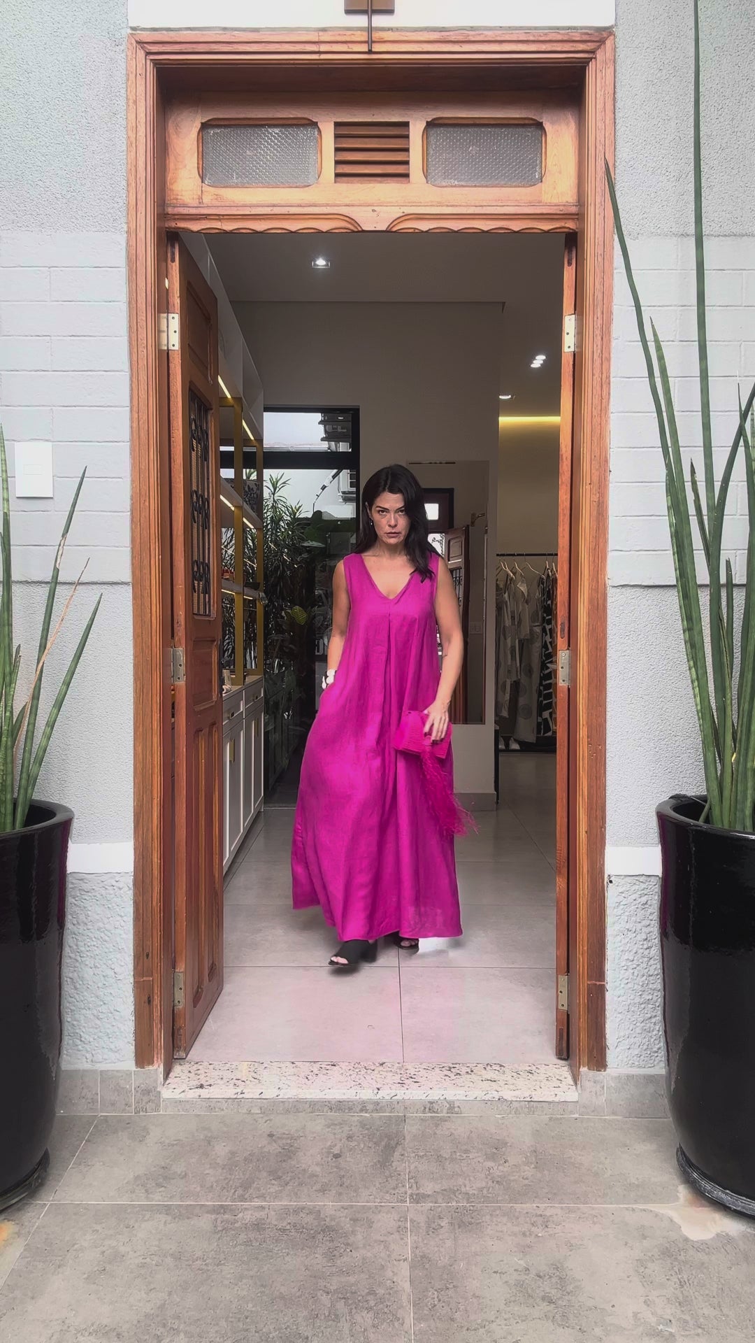 Leinen-Faltenkleid Fuchsia